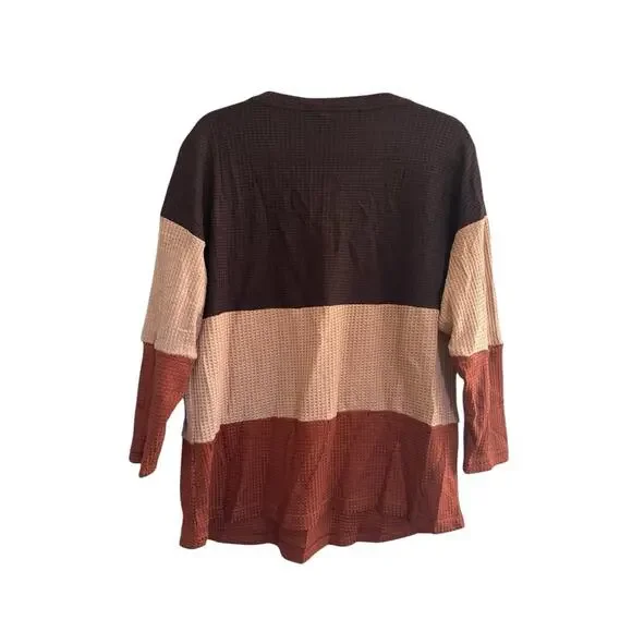 NWT Bloomchic 12 Waffle Vneck Colorblock Brown Rust Beige Long Sleeve Top #3620 - Picture 8 of 11